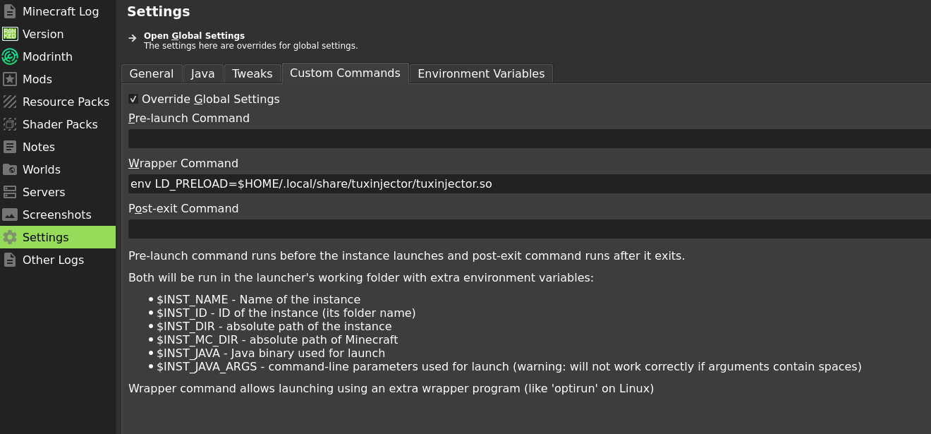 Image of Prism Launcher Custom Commands tab, showing the wrapper command